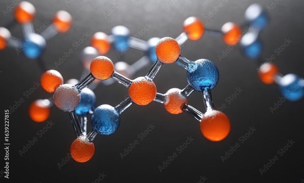 Poster close-up view of colorful molecular model with interlinked spheres and rods representing atoms and b