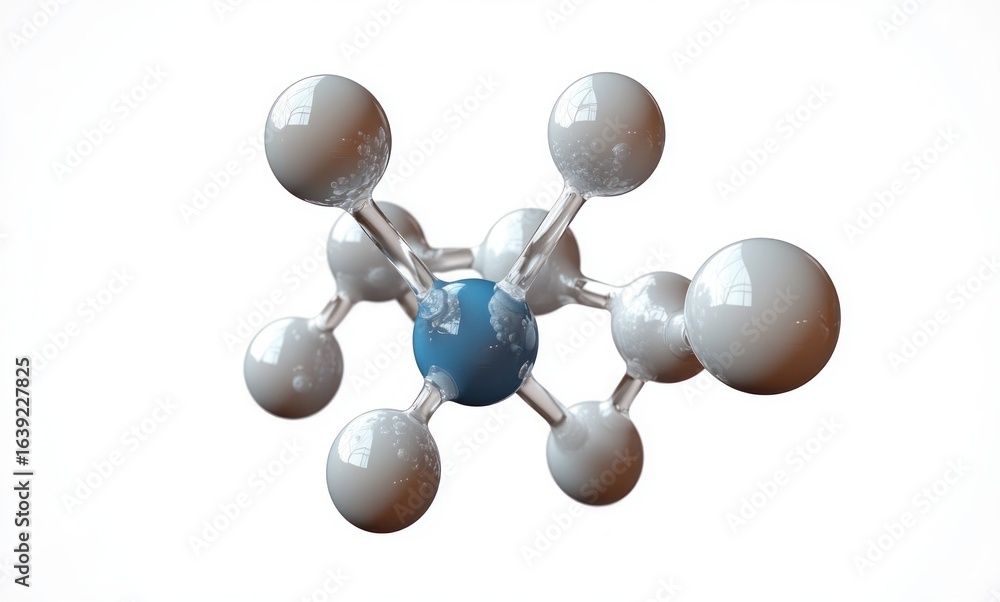 Poster 3d rendering of a molecular structure model with a central blue atom connected to multiple surroundi