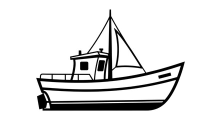 A simple black and white line art illustration of a classic fishing trawler boat, perfect for maritime icons.