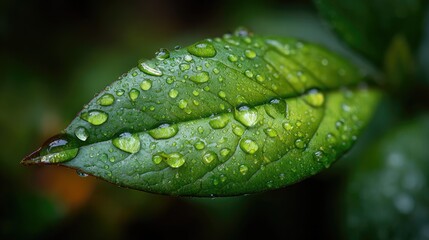Close-up of a Single Raindrop on a Green Leaf with Glimmering Details in Nature