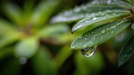 Close-up of a Single Raindrop on a Green Leaf with Glimmering Details in Nature