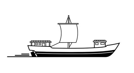 Minimalist black and white line art of a traditional sailing vessel. Vector illustration of a historical boat for transport and travel concepts.