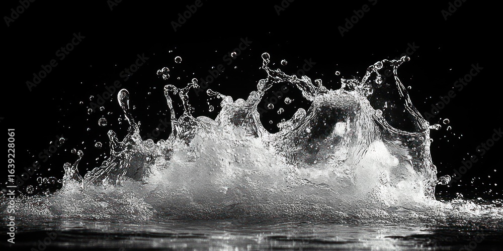 Poster dynamic splash of water frozen in motion against a black background capturing detailed droplets and 