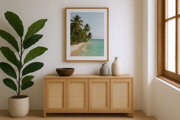 Fototapeta premium Modern Interior Featuring a Wooden Sideboard with Rattan Accents and Tropical Beach Artwork