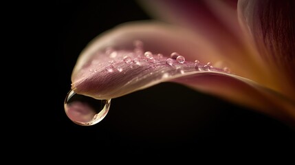 Close-Up of a Single Tear Drop on a Petal Reflecting Light Against a Dark Background