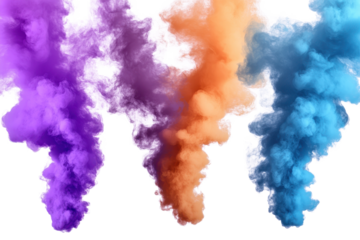 Colored smoke bomb explosions create vibrant clouds in shades of purple, orange, and blue during a daytime outdoor event, captivating onlookers with their striking visibility and creative display