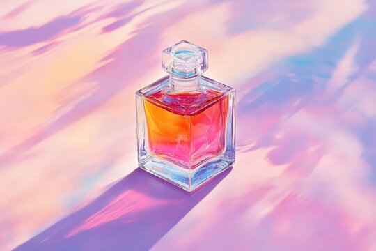 Square glass perfume bottle with vibrant hues. - Powered by Adobe