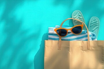 Beach essentials including striped towel, orange sunglasses, sea-green flip-flops and brown tote bag on bright turquoise background under soft sunlight
