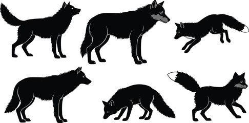 Black wolf and fox silhouette set, wild animal vector illustration, predator wildlife graphic, hunting poses, forest creature clipart, nature design, art