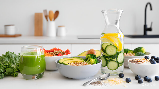 Fresh green juice, detox water with lemon and cucumber, and bowls of clean eating foods arranged on a kitchen counter for a detox program