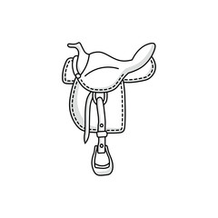 A simple black and white doodle of a horse saddle. This hand-drawn vector sketch is perfect for equestrian, cowboy, or horseback riding themes and designs.