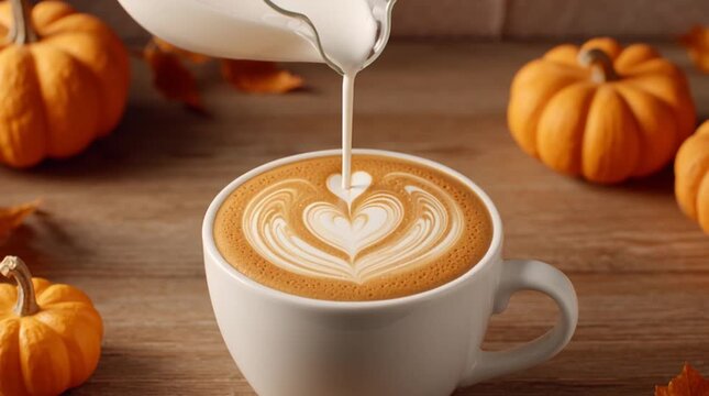 A cozy scene featuring a cup of pumpkin spice latte with artistic foam design, surrounded by autumn leaves and small pumpkins, perfect for seasonal warmth and comfort.