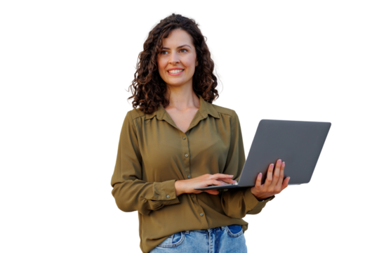Professional businesswoman working on laptop, smiling confidently with transparent background, representing contemporary corporate success