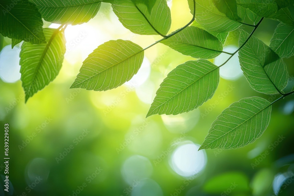 Poster close-up view of vibrant green leaves with sunlight filtering through and a soft, blurred green back