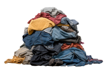 Pile of dirty laundry featuring various colors and fabrics accumulated after a week of wear, isolated on transparent background for easy display and usage in various contexts
