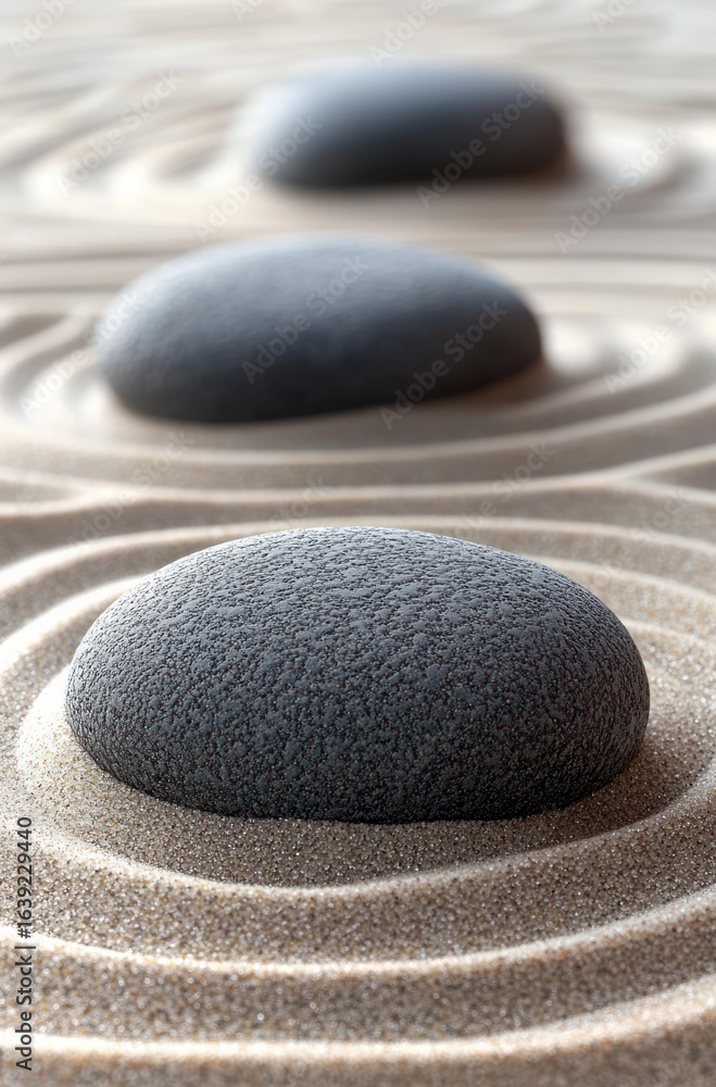 Poster three smooth black stones arranged in a row on sand with concentric circular patterns creating a cal
