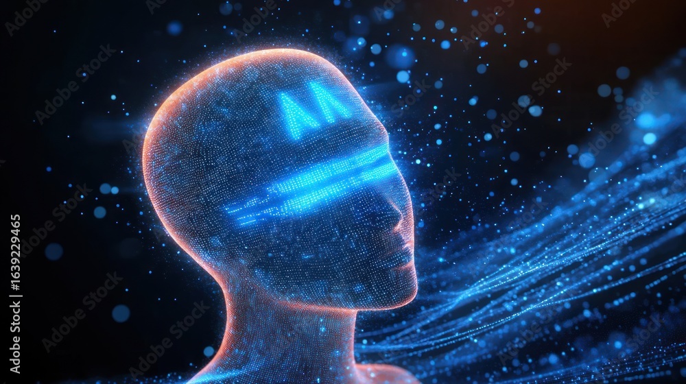 Poster digital human head with glowing blue data streams crossing the eyes and surrounded by luminous parti