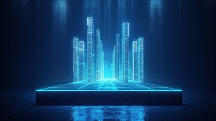 Digital holographic cityscape glowing in blue light with vertical skyscrapers emerging from a grid platform in a dark reflective environment