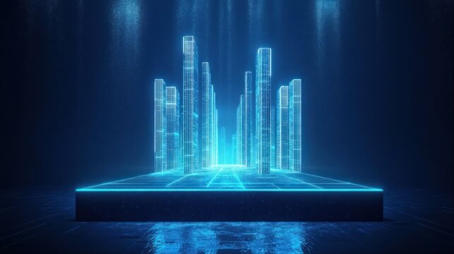 Digital holographic cityscape glowing in blue light with vertical skyscrapers emerging from a grid platform in a dark reflective environment - Powered by Adobe