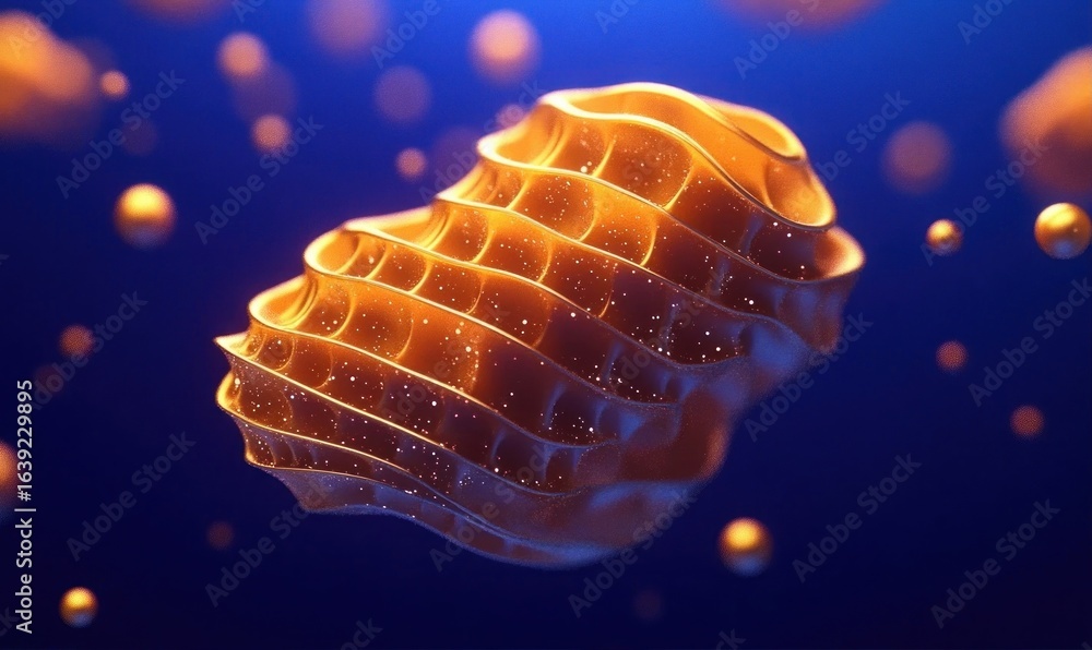 Poster close-up of a glowing abstract 3d organic shape with orange hues floating in a deep blue background 