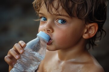 close-up of a young child with wet hair drinking water from a plastic bottle, showing clear blue eyes and hydrated skin