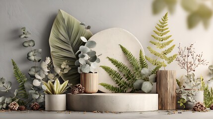 Modern 3D product stand with smooth matte surface, decorated with eucalyptus and fern leaves, light cream background, calm and clean composition, cinematic lighting, hyper-realistic quality