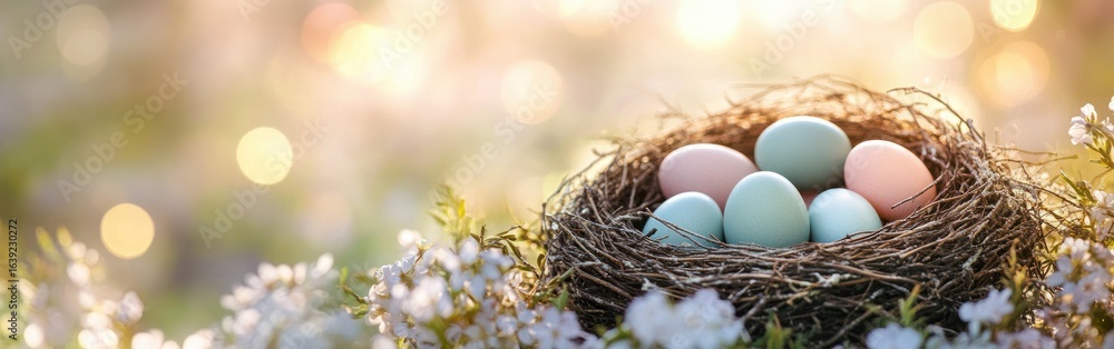 Poster close-up of a bird nest filled with pastel-colored eggs surrounded by delicate white flowers with wa