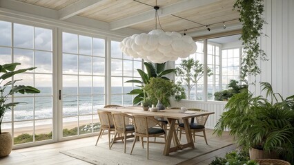 Minimalist modern dining room with a large cloud-shaped chandelier, natural wood furniture, indoor plants, soft natural lighting, white walls, floor-to-ceiling windows with ocean view, bright and airy