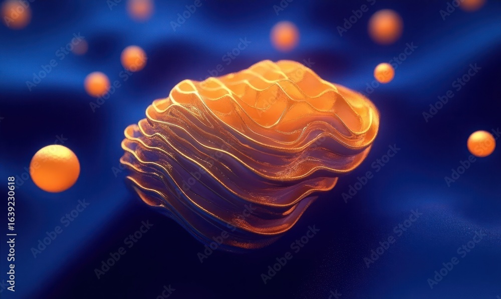 Aufkleber abstract glowing orange layered shape floating against a deep blue background with multiple small or