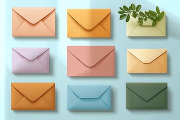 Array of colorful envelopes neatly arranged on a pastel blue surface with one envelope decorated with green leaves, evoking a calm and organized feeling
