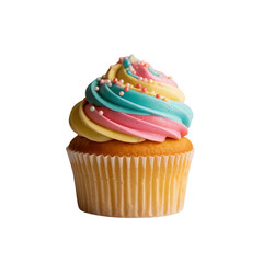 Cupcake with colorful frosting, isolated on white background, detailed sprinkles, professional studio lighting