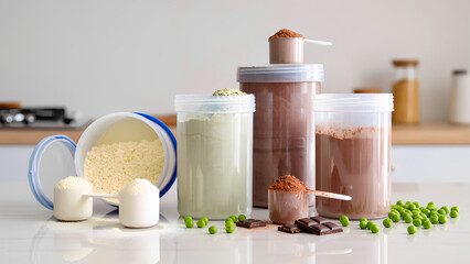 Close-up of various protein powder containers with scoops and ingredients like whey, pea protein, and chocolate powder on a kitchen counter