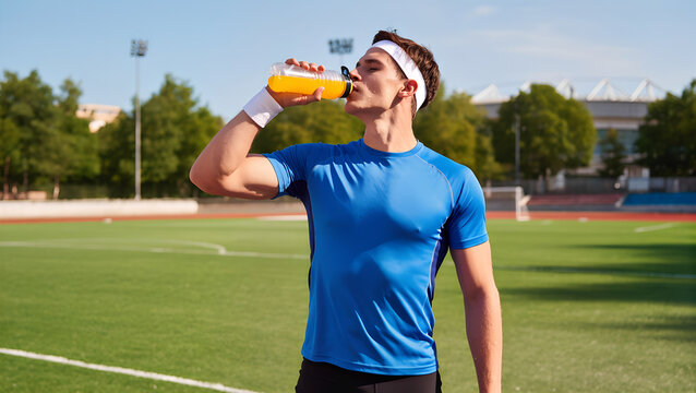 Male athlete drinking an electrolyte sports drink during intense training outdoors, wearing sweatband and athletic gear