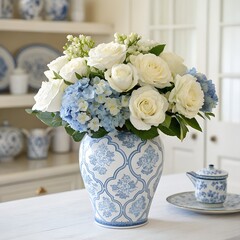 A decorative vase filled with white roses and blue hydrangeas. The vase features a blue and white floral pattern. A matching teacup is on the table. © MOLNAR