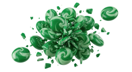 Green Swirl Candies Exploding Against Black Background Showing Multiple Fragments and Pieces in Studio