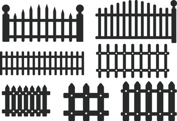 Fence icons, gate symbols, garden barrier designs, wooden fence silhouette, flat vector illustration, black security fence graphics, outdoor property boundaries