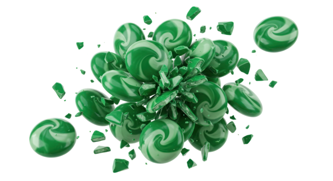 Green Swirl Candies Exploding Against Black Background Showing Multiple Fragments and Pieces in Studio