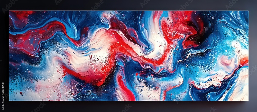 Poster abstract fluid art with swirling patterns of red, white, and blue creating a dynamic and vibrant ene