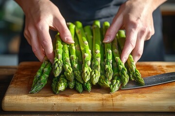 Close-up of fresh green asparagus spears being arranged by two hands on a wooden cutting board with a kitchen knife nearby