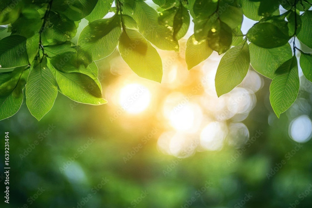 Poster sunlight shining through green glossy leaves with a soft natural forest background creating a peacef