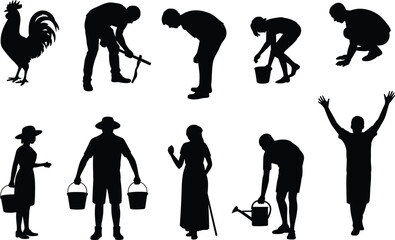 Silhouette farmers working, carrying buckets, gardening, village life, flat vector illustration, black human figures, rural activities, agriculture poses, countryside lifestyle