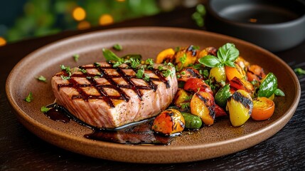 Grilled tuna steak with perfect diamond crosshatch grill marks served alongside colorful roasted vegetables on premium ceramic plate fine dining presentation