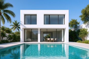 Fototapeta premium Modern White Architectural Residence with Swimming Pool and Tropical Palm Trees Under a Clear Blue Sky