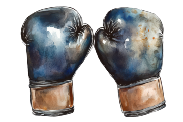 Pair of boxing gloves hand drawn with detailed artistic design featuring a worn, used look in shades of blue and brown, perfect for sports themed decor or illustrations