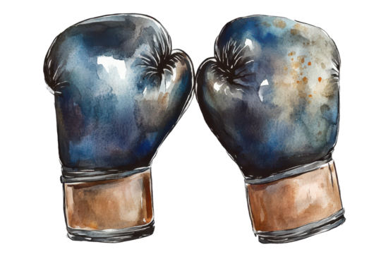 Pair of boxing gloves hand drawn with detailed artistic design featuring a worn, used look in shades of blue and brown, perfect for sports themed decor or illustrations