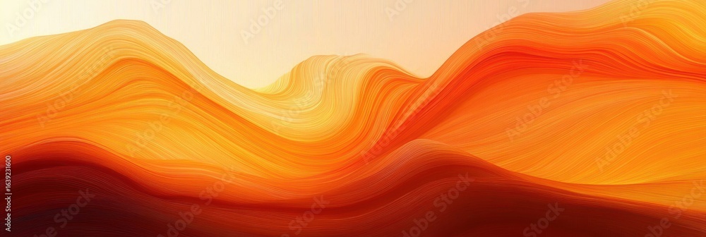 Poster abstract flowing waves in warm orange and red tones resembling a fluid landscape with soft curving l