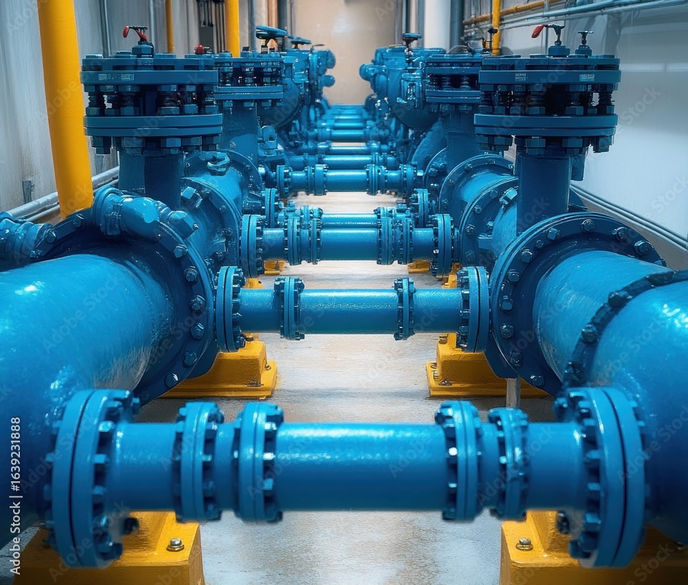 Poster industrial setting with blue large diameter pipes and valves connected in parallel rows on yellow mo