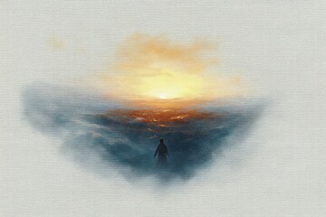 Fototapeta premium Silhouette of a lone figure walking through a misty landscape towards a glowing sunset above dark clouds