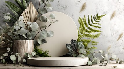 Modern 3D product stand with smooth matte surface, decorated with eucalyptus and fern leaves, light cream background, calm and clean composition, cinematic lighting, hyper-realistic quality