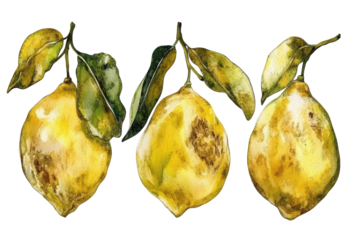 Set of watercolor lemons showcasing vibrant yellow tones and lush green leaves, isolated against a clean white background for a fresh and inviting look